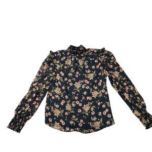 Floral Smocked High Neck Long Sleeve Womens‎ Blouse XS Black With Pink Flowers